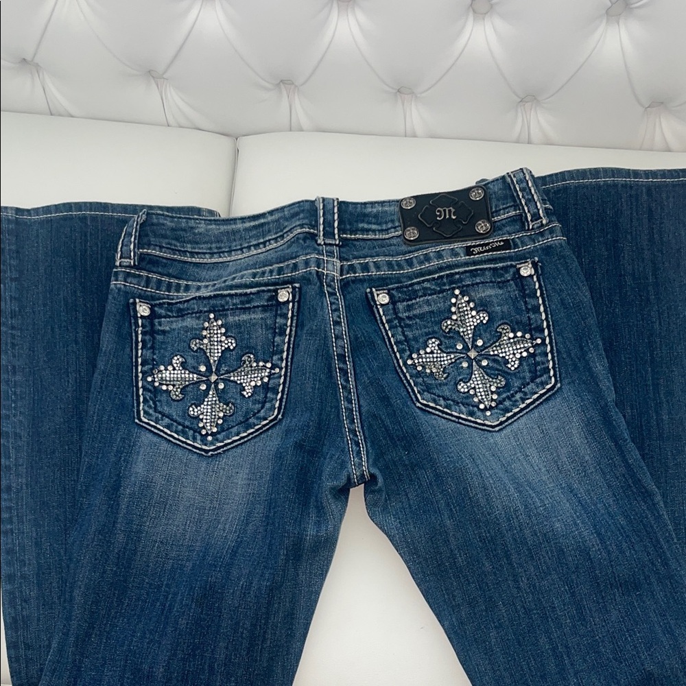 Miss Me Dark Blue Flare Jeans with Embellished Pockets
